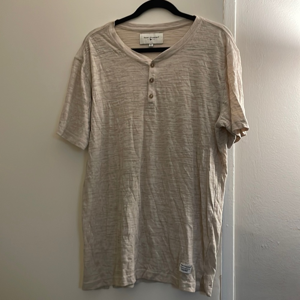 ModernAmusement beige heathered button up t-shirt.